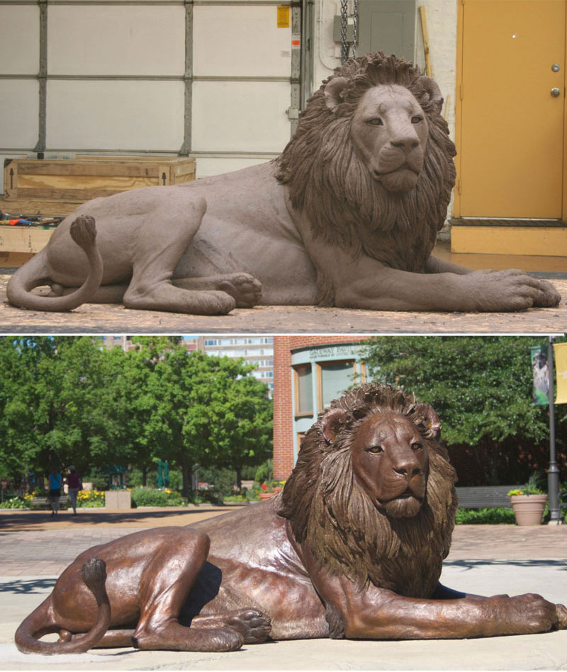 decorative lion statue in front of house