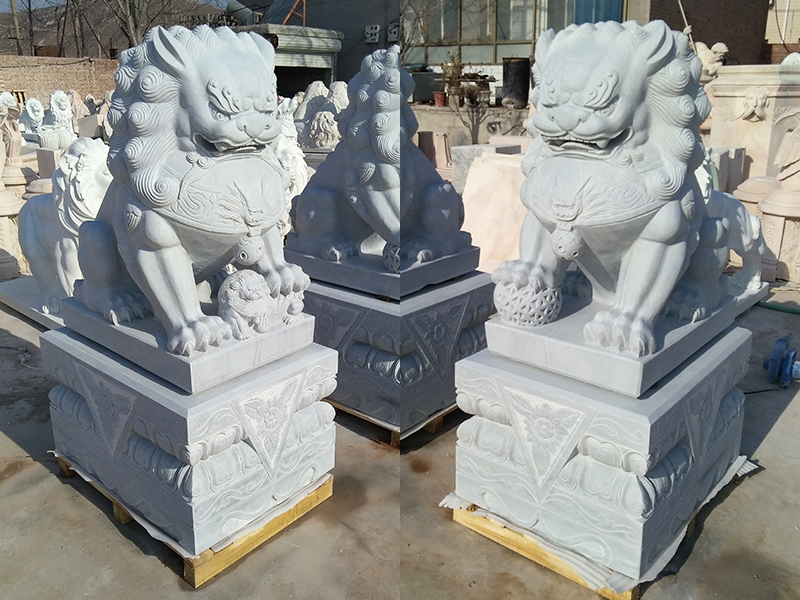 White marble foo dogs Chinese stone lion statues in pairs for front porch