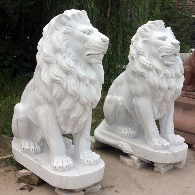 marble stone lion statue in pair outside for front door