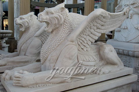 Winged white natural marble lion statue for garden