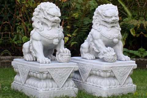 Chinese fu dogs lion statues pair in front of house